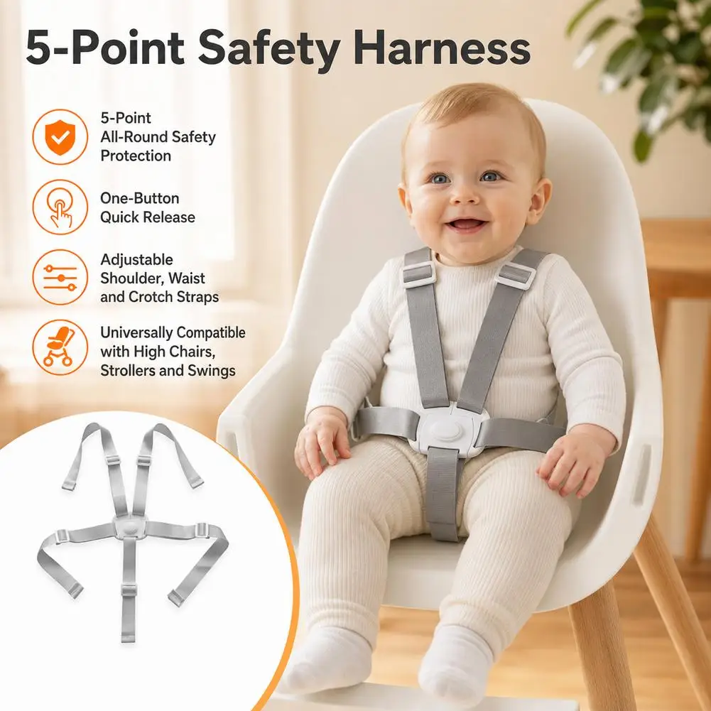5 Point Baby High Chair Safety Harness Convertible 3 Point Adjustable Webbing Strap Replacement Belt For Stroller Swing Seat