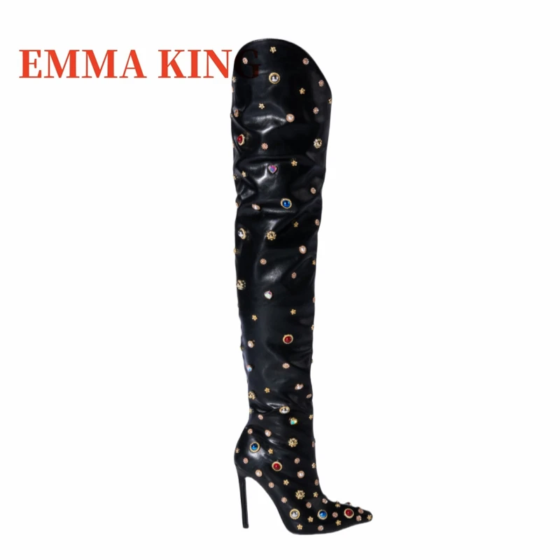 النساء حجر الراين الفخذ أحذية عالية مثير أشار تو الخناجر فوق الركبة أحذية السيدات فستان فاخر أحذية بوتاس دي Mujer