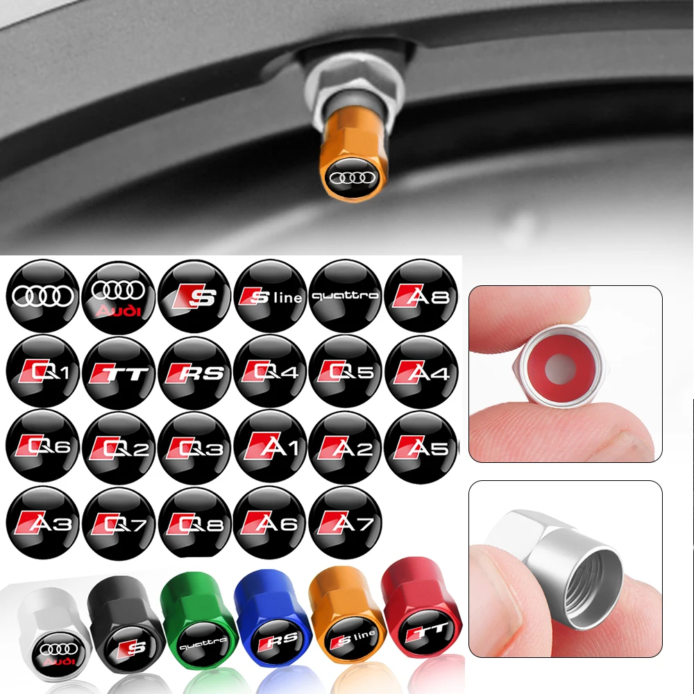 4pcs Tire Valve Cap Car Truck Motocycle Bike Tyre Wheel Stem Air Valve Cover for Audi RS SLINE S TT QUATTRO A1 A2 A3 A4 A5 A6 A7