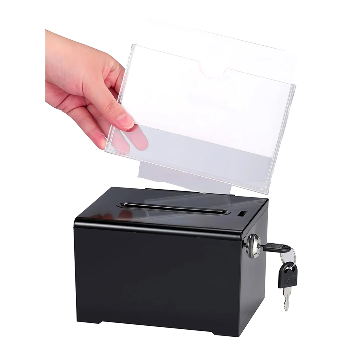 

New Donation Box with Lock - Acrylic Suggestion Box with Slot, Ballot Lock Box with Sign Holder for Raffle, Voting Black