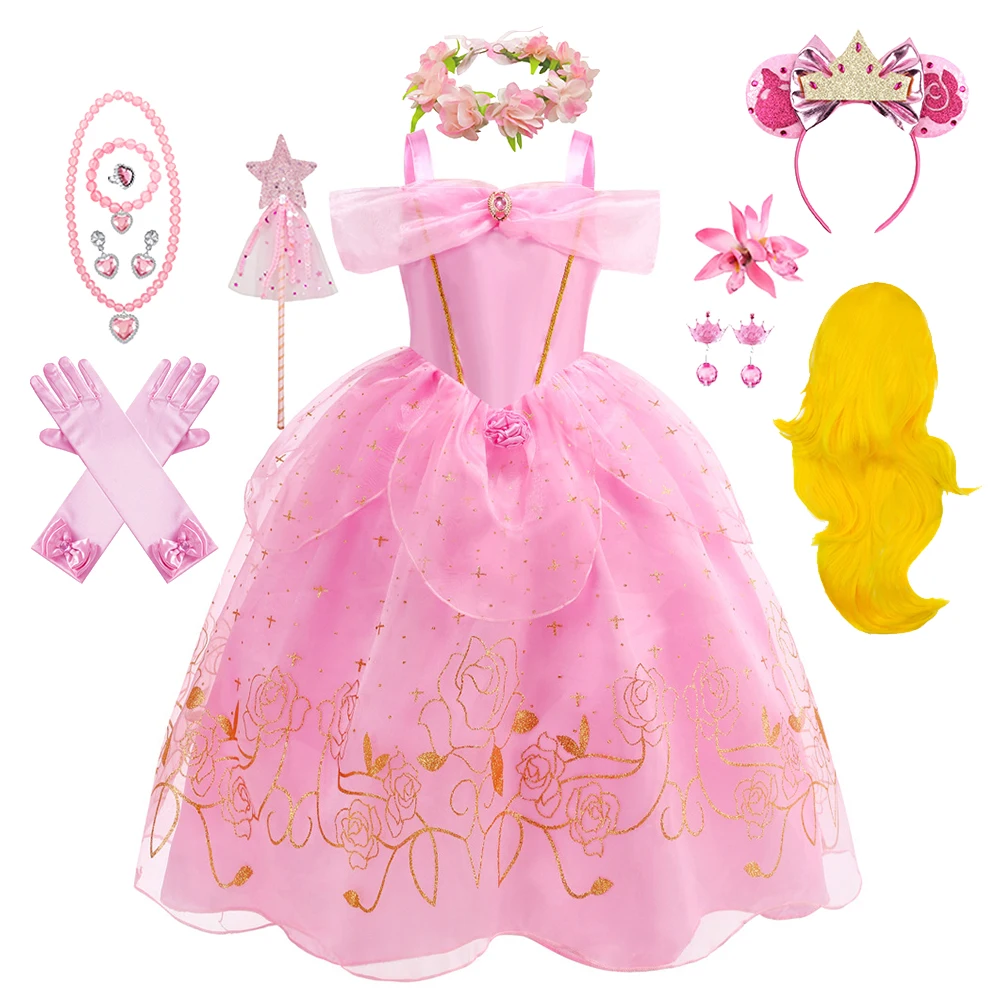 Pink Aurora Dress for Girls Sleeping Beauty Costume Kids Birthday Halloween Party Disguise Dresses Up