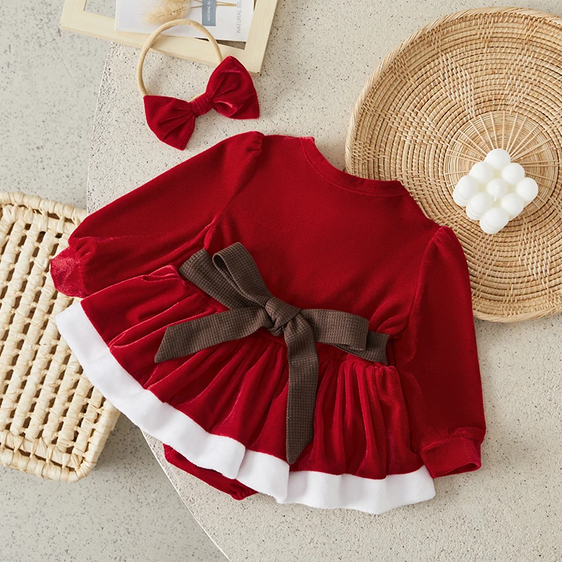 Suefunskry Baby Girls Christmas Outfits Long Sleeve Terry Trim Velvet 3D Bow Romper Dress + Headband Set Newborn XMAS Clothes