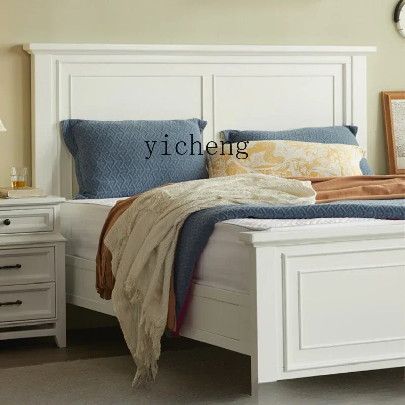 

ZF Simple American Walnut Wood Solid Wood Double Bed White Cream Style Storage Bed