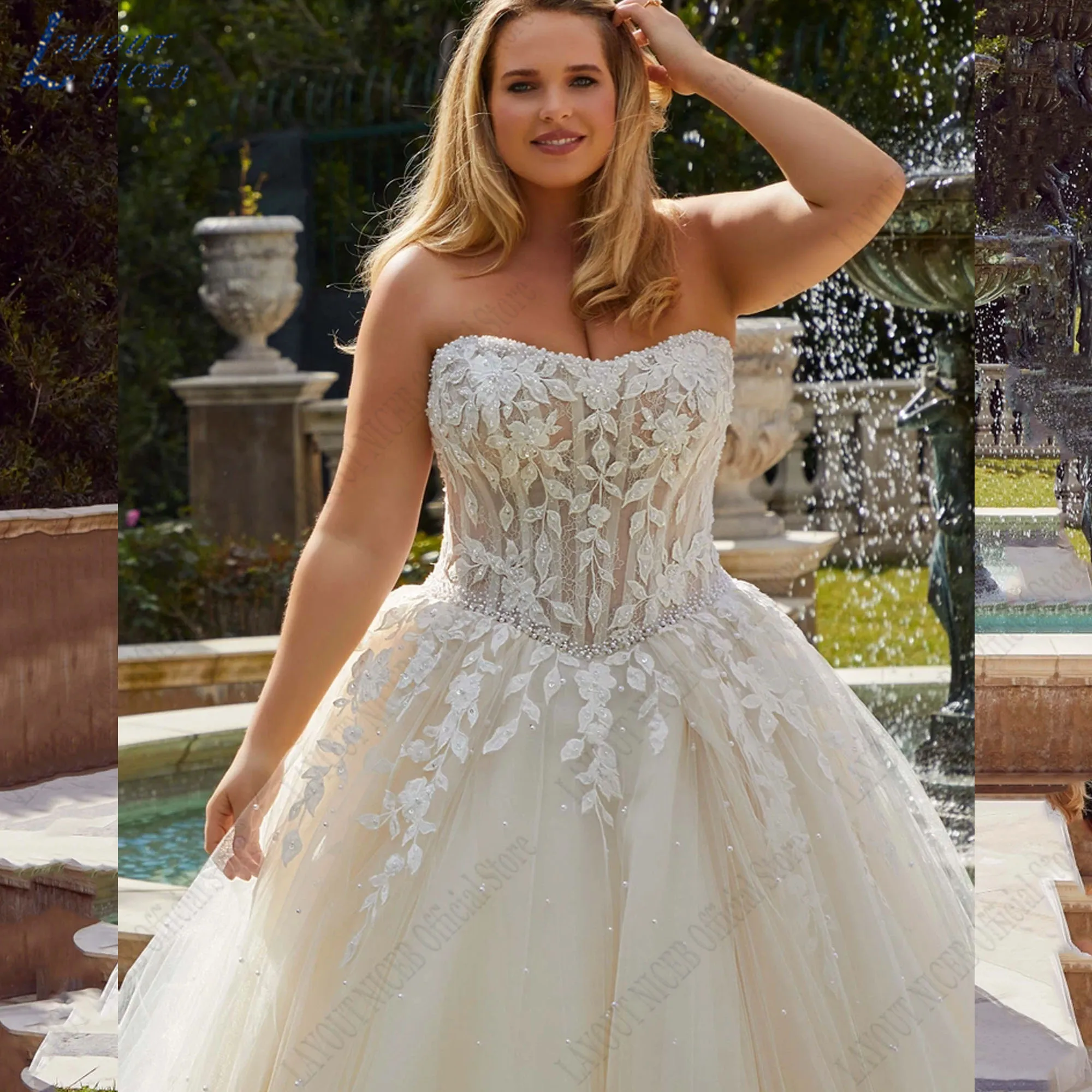 LAYOUT NICEB Tamanho maior Vestidos de Noiva Sem Mangas A Linha Strapless Backless Vestidos De Casamento Apliques Tulle Robe De Mariée Plus size Vestidos de Noiva Sem Mangas A Linha Strapless Backless Vestidos de Noiva