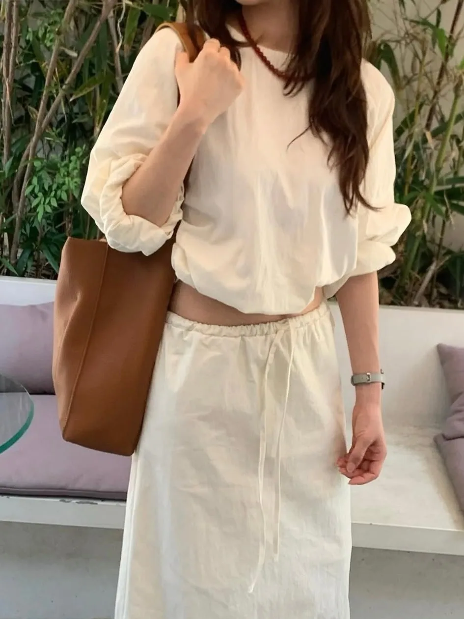 

Korean Faion Set Women's round Ne Loose Feel ort Top plus Dstring Design f-length Skirt Autumn New Sle Two-piec...