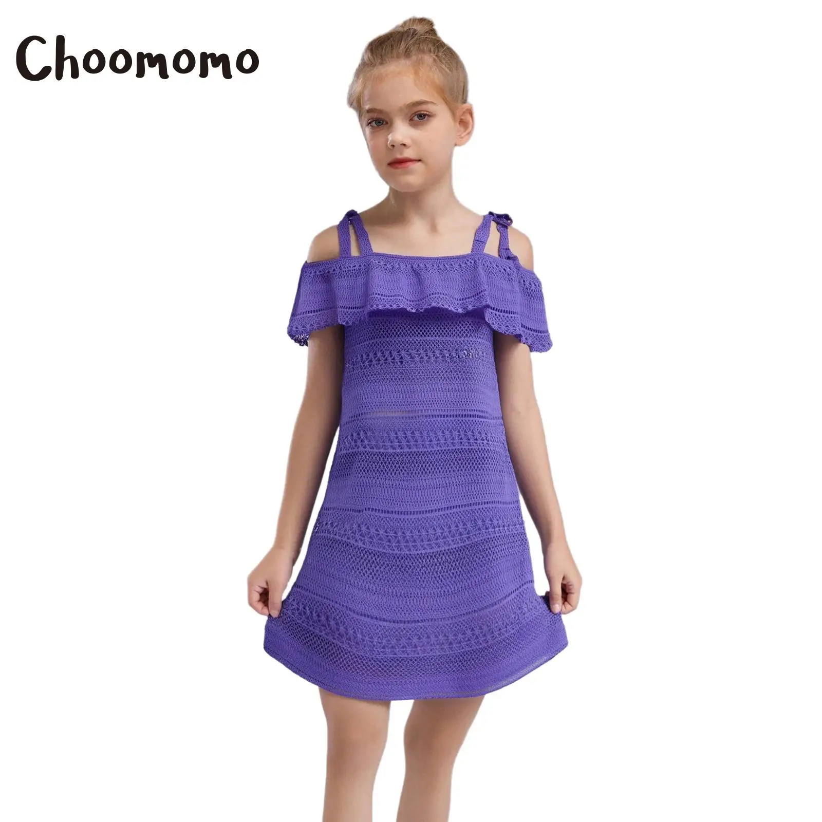 

Kids Girls Hollow Out Knit 1 Pcs Beach Swimsuit Cover ups Dress Off Shoulder Adjustable Shoulder Straps Cami Flounce Beach Dress