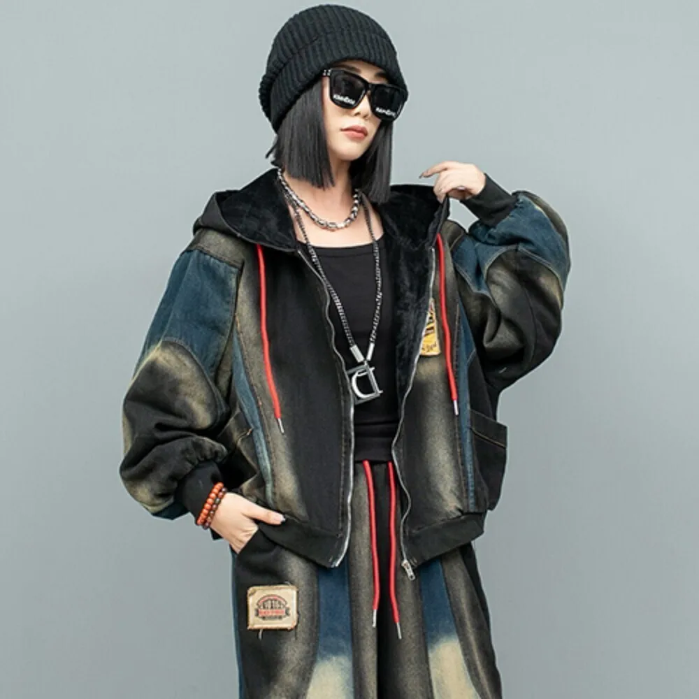 Personalized Fashion Coat Women 2024 Autumn Winter Fleece Hooded Denim Jacket LX2393