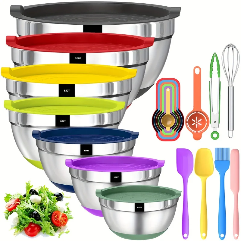 20One Mixing Bowl with Sealing Cover，304Stainless Steel Metal Suit，Non-Slip Colored Silicone Bottom，Size7，3.5，2.5，2.0，1.5，1，0.67