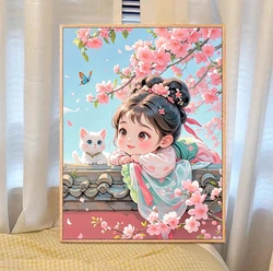 9ct 60x80cm Girl With Cat Embroidery DIY Chinese Style Printed Kits Cross Stitch Needlework Set Home Decor Crafts