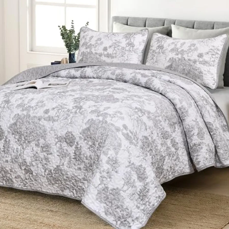 

Серый комплект постельного белья Queen Size, 3 предмета, с ботаническим узором, легкое покрывало из микрофибры, серый тюль с растительным принтом, декор для дома