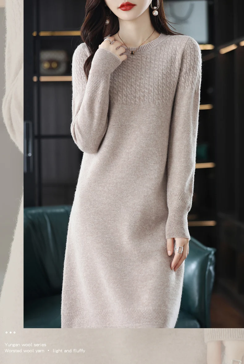 Round Neck Cashmere Dress Women's Long Pullover Sweater Autumn And Winter New Knitted Knee-Length Pure Wool Dress