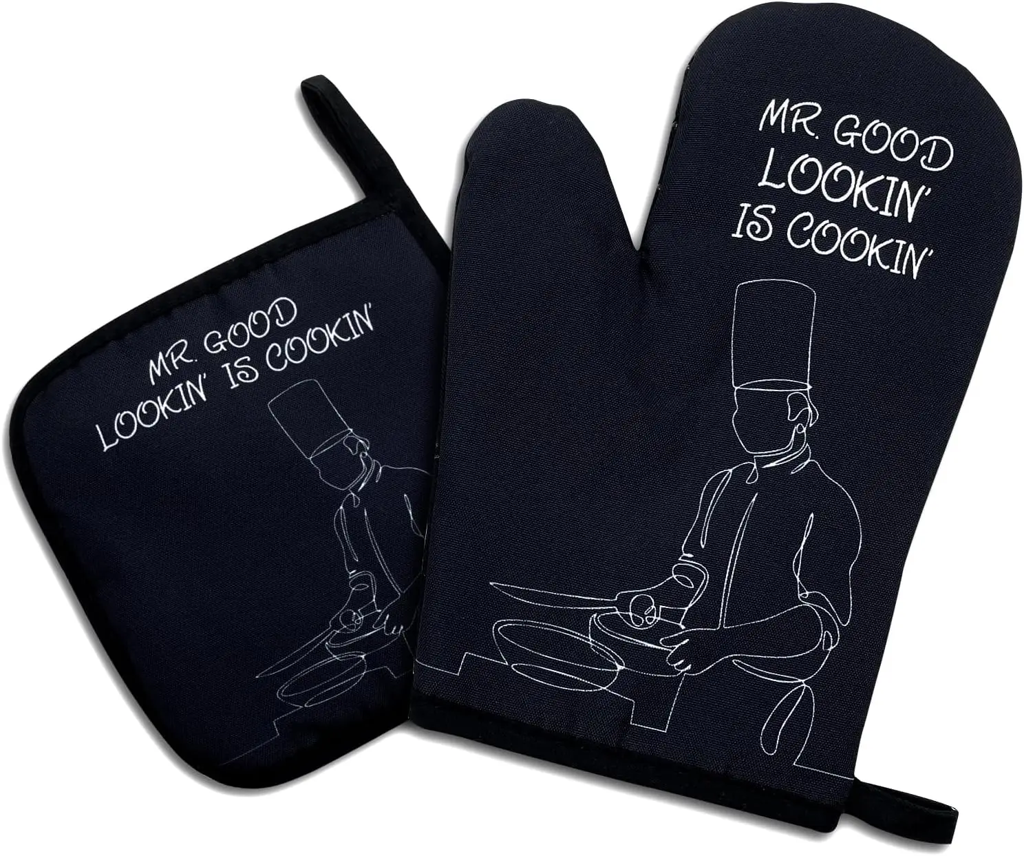 Mr.Good Looking is Cooking,Funny Oven Mitts and Pot Holders Sets of 2 Non-Slip Oven Mitts,Kitchen Gift for Men Cooking Baking