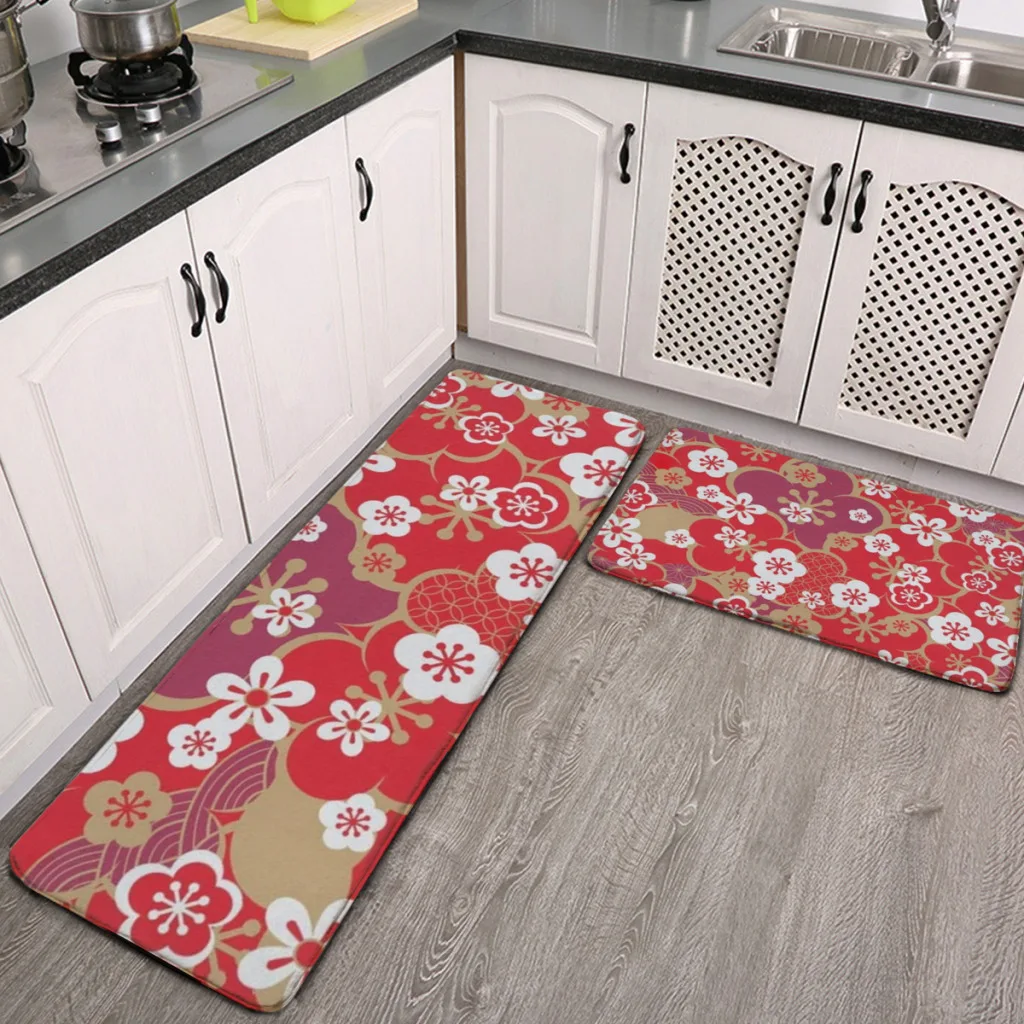 

Kitchen Door Steps Water-Absorbing Non-slip Foot Mats Cherry Blossom Japanese Red