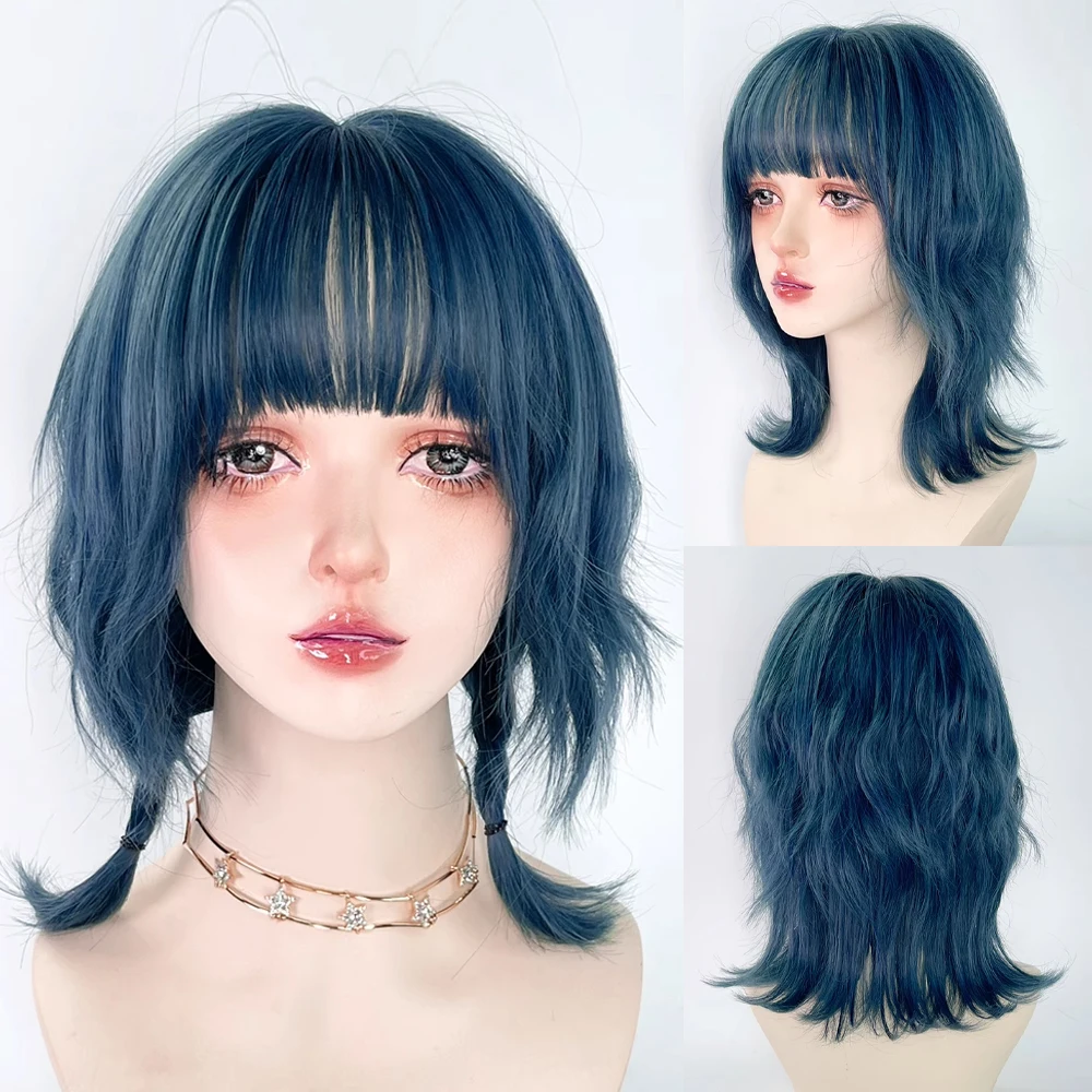 Blue Synthetic Mullet Head Wig with Bangs Short Straight Lolita Anime Cosplay Fluffy Hair Wig for Daily Party