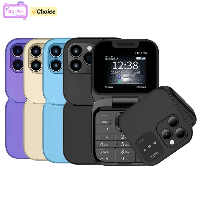 New i16 Pro Mini Flip Pocket Phone 1.77inch HD Screen 2G GSM Dual SIM Foldable Bluetooth FM Radio Small Mobile Phone Speed Dial