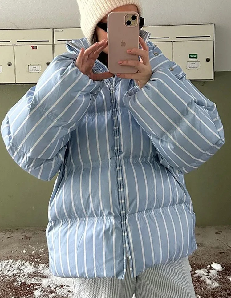 

Winter Women Casual Hooded Striped Cotton Coat Chic Full Sleeve Zipper Thicken Single Breasted Jacket