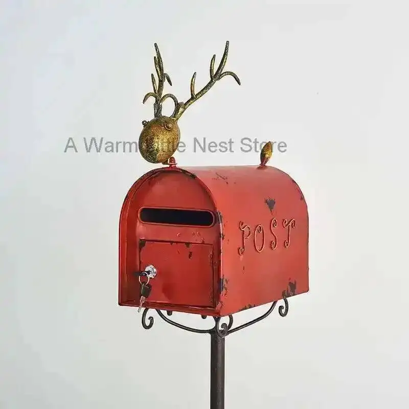 

European Wrought Iron Outdoor Mailboxes Villa Vertical Red Mailbox Garden Floor Type Outdoor Mailbox Retro Courtyard Post Box P