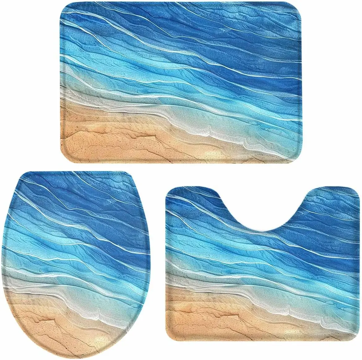 Ocean Sea 3 Piece Bath Rugs Set Beach Coastal Sea Waves Gradient Blue Bathroom Mats Absorbent Contour Soft Mat Toilet Lid Cover