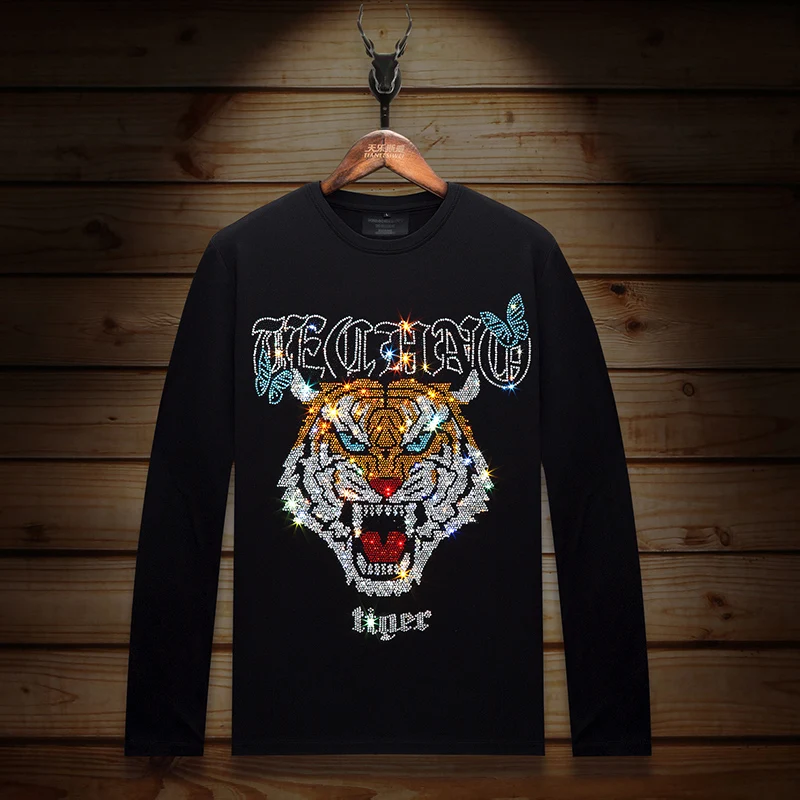 Fashion Brand Mens T Shirts Homme Personalized Trend Hot Drilling Tiger Head Slim Modal Cotton O Neck Long Sleeve T-shirts Men