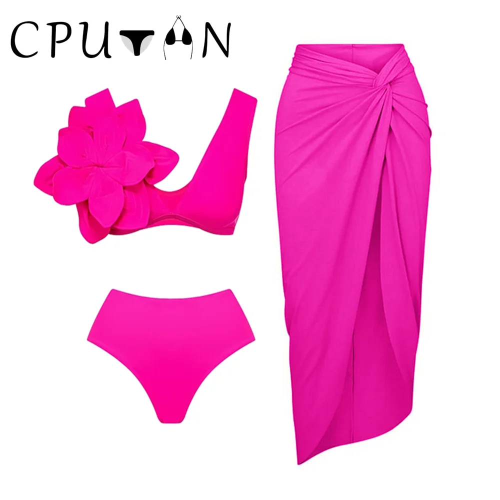 CPUTAN-Bikini sexy à fleurs 3D pour femme, maillot de bain une pièce, jupe, taille haute, tenue d'été, 2024