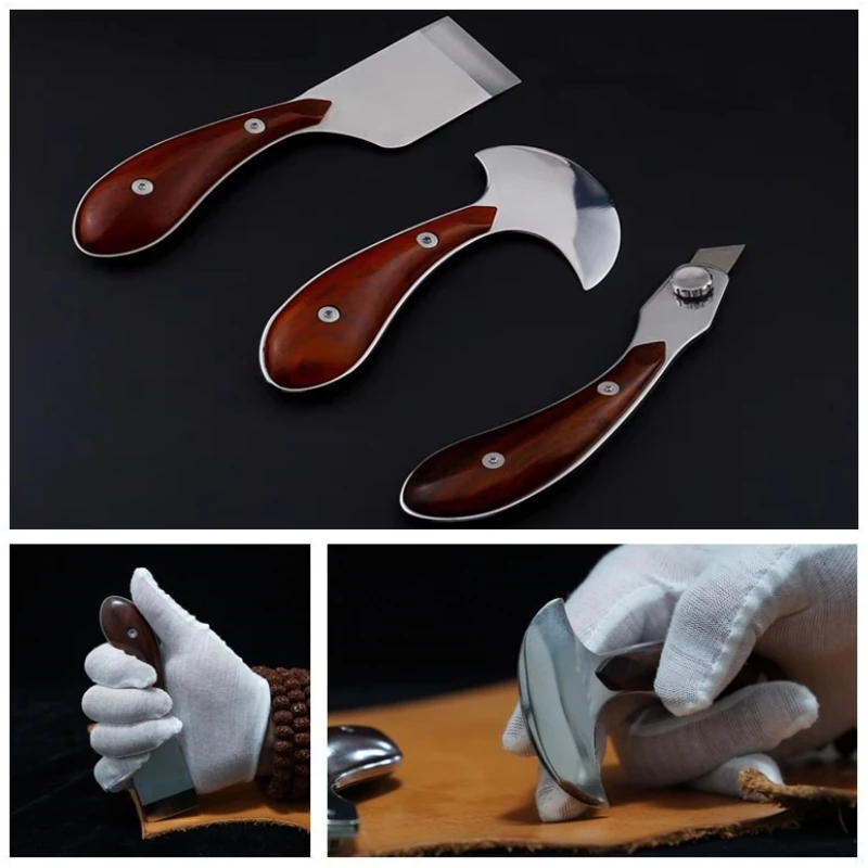 Wooden-handled Leather Cutting Knife Inclined Blade Flat Edge Semi-circular Knife Handmade DIY Leather Thinning Cutting Tool