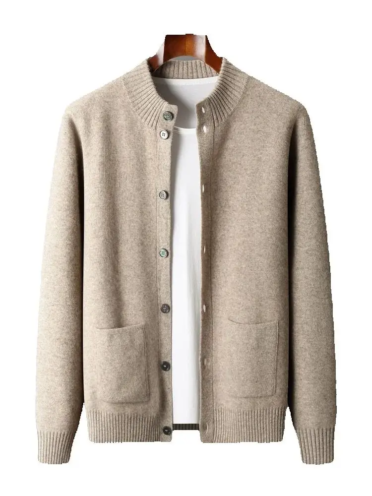 

Autumn Winter Men's Luxury Style Button Thick Cardigan 100% Cashmere Sweater Smart Casual Knitted Clothing Mock Neck Soft Tops