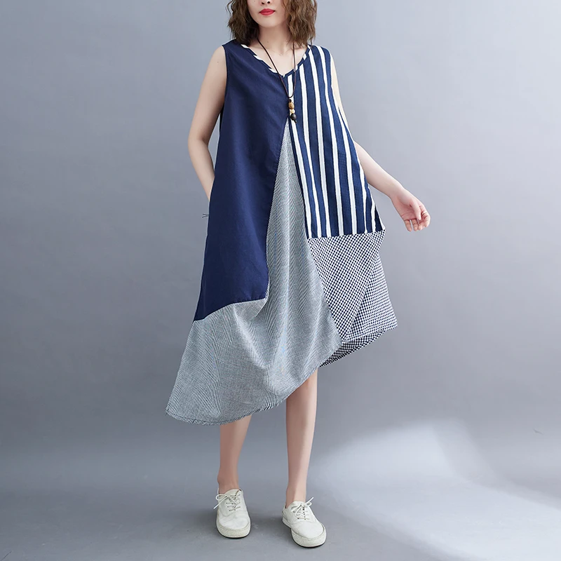 Letnia Artystyczna Spódnica Midi w Paski z Dekoltem w Serek, Asymetryczna, Luźna w Talii, Damska, Modna, Do Pracy, z Kwiatowym Nadrukiem