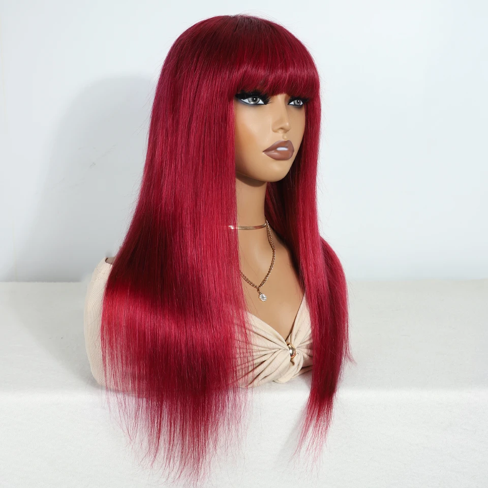 Sleek Burgury Red Staright Wigs With Bangs Human Hair Wig Easy to Go Color Wig Peruvian Straight Human Hair Wigs with Bangs