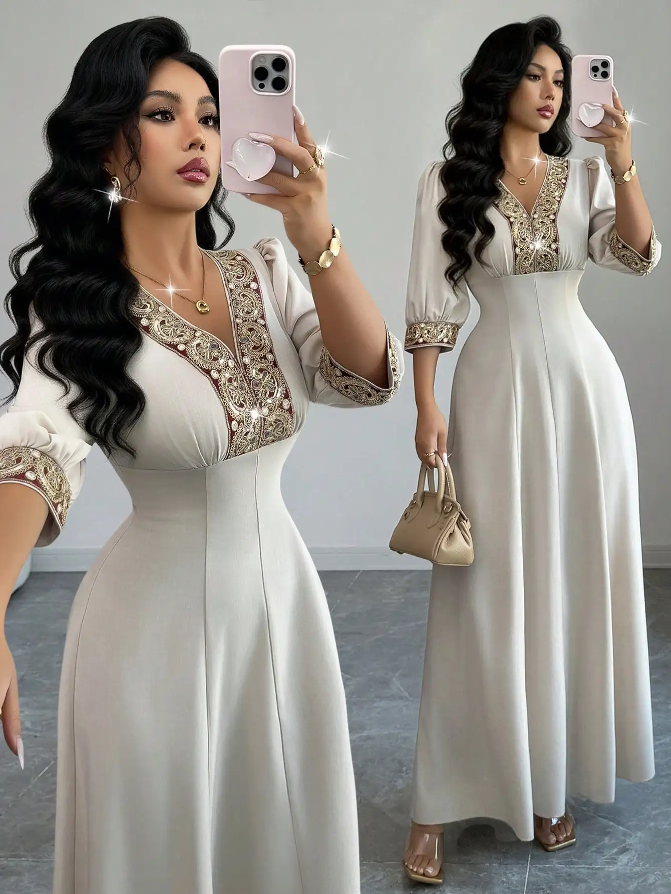 

Elegant Ivory V-Neck Puff Sleeve Embroidered Pearl Midi Dress for Weddings, Parties, Holidays