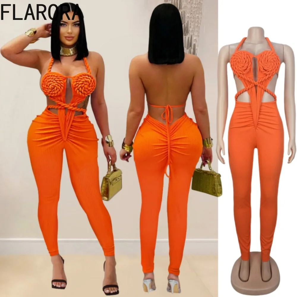 

FLARORA Sexy Halter Knit Jumpsuits Woman Hollow Out Backless Sleeveless Ruched Skinny One Piece Overalls Summer Beach Jumpsuit