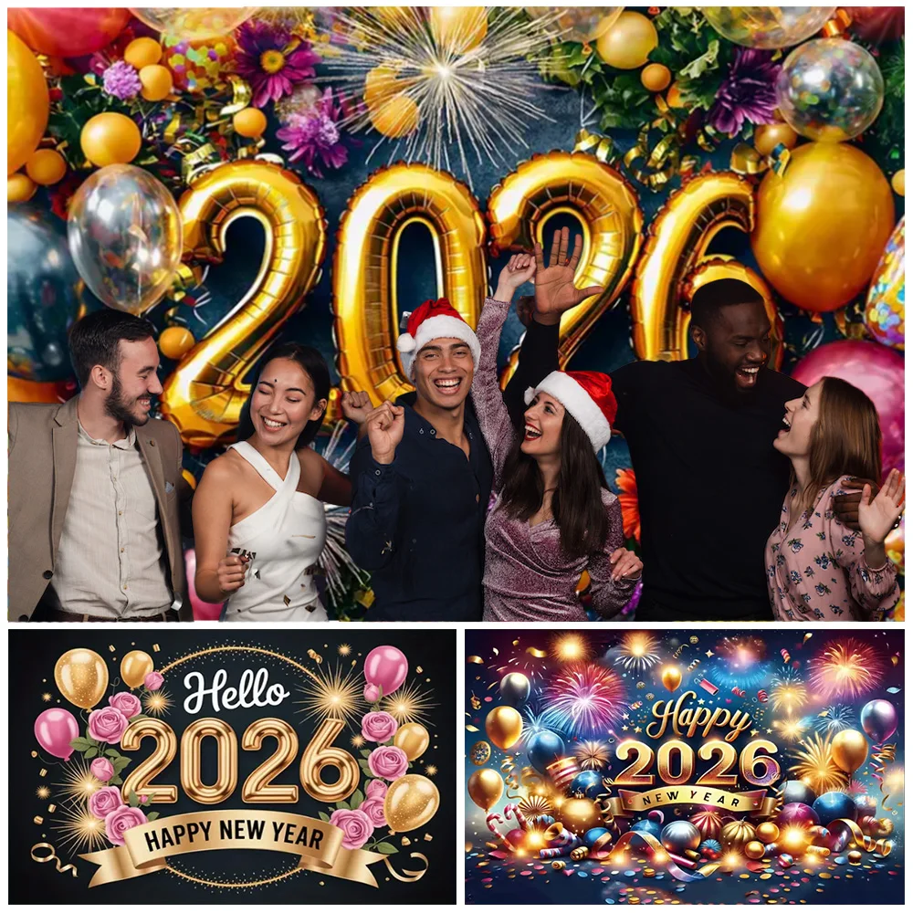 

Golden 3D 2026 Happy New Year Backdrop Family Party Decorations New Year's Eve Party Supplies Colorful Photography Background