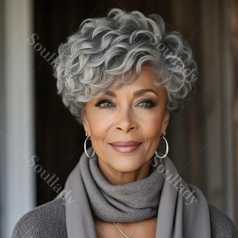 

Wig Queen Gray Short Pixie Haircuts Salt and Pepper Natural Wave Human Hair Wig Throw On & Go Bob Glueless Wigs For Mature Women