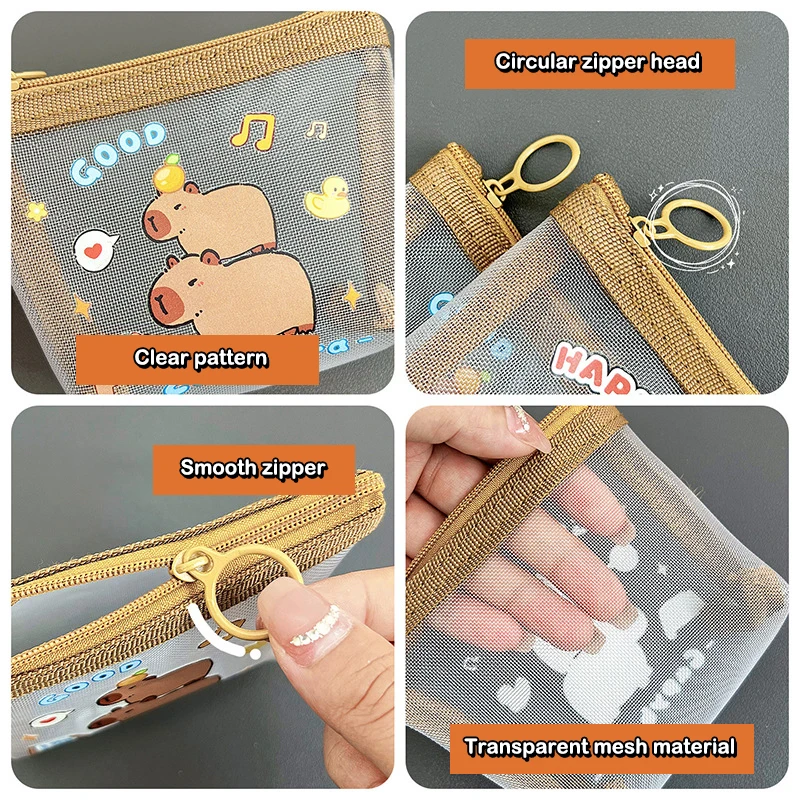 Capybara-Sac de rangement pour pièces de monnaie, porte-monnaie en maille transparente, joli portefeuille de dessin animé, sacs portables étanches à fermeture éclair transparente, cadeaux mignons