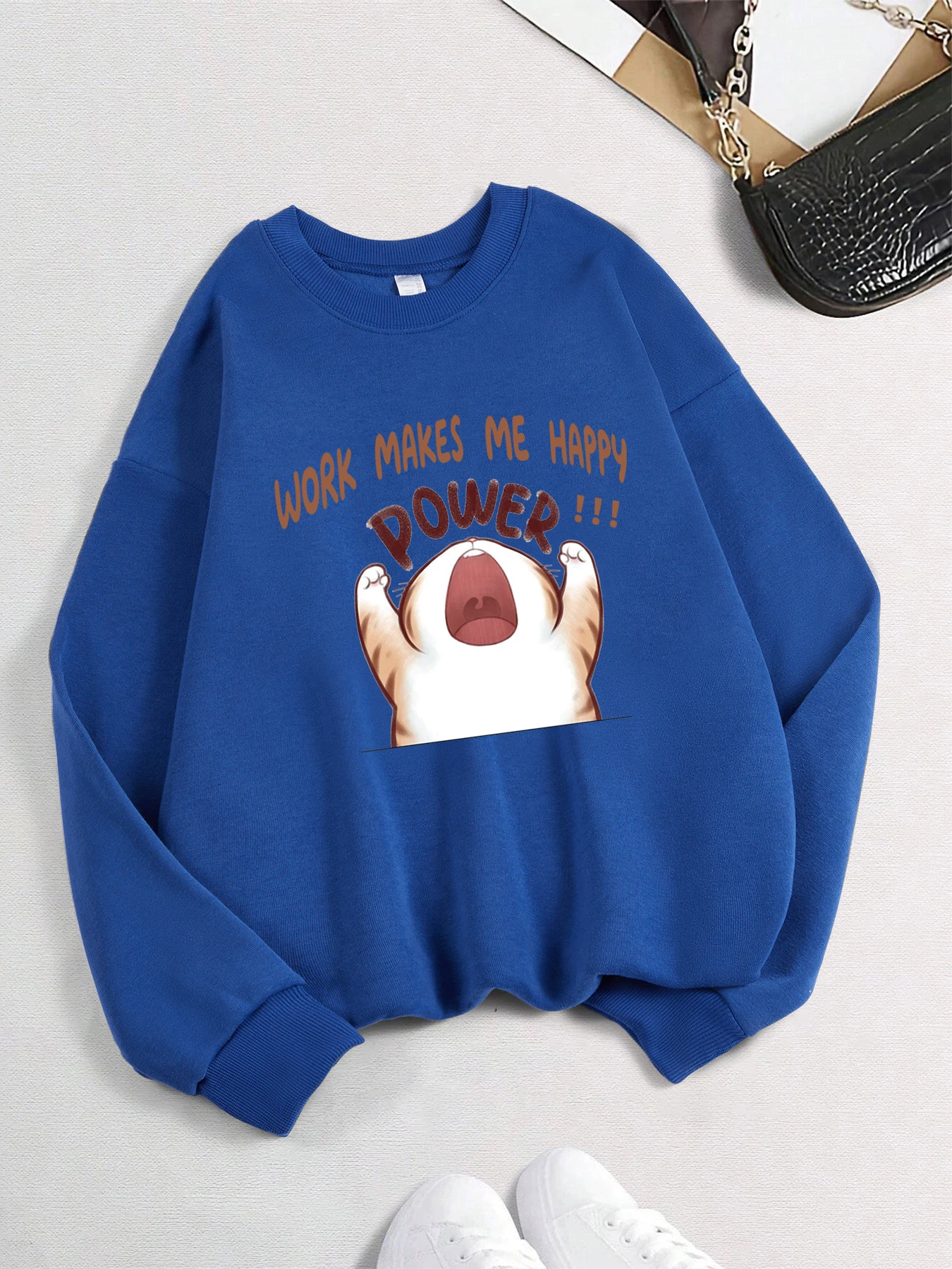 Works Makes Me Happy Power Niedlicher Katzendruck, weibliche Pullover, Cartoon-Mode, Kapuzenpullover, Herbst-Winter-Sweatshirts, lässige Basic-Kleidung