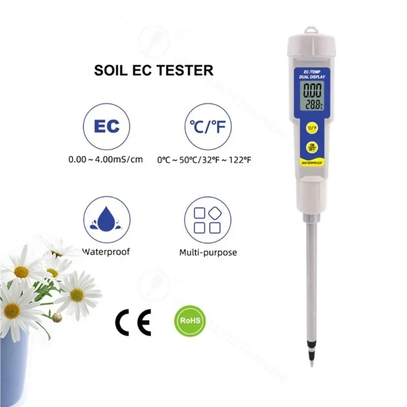 EC-315 2 in 1 Soil EC Tester Multi-Purpose Waterproof Plant Soil Meter EC ppm CF Meter Conductivity Tester for Lab Aquarium