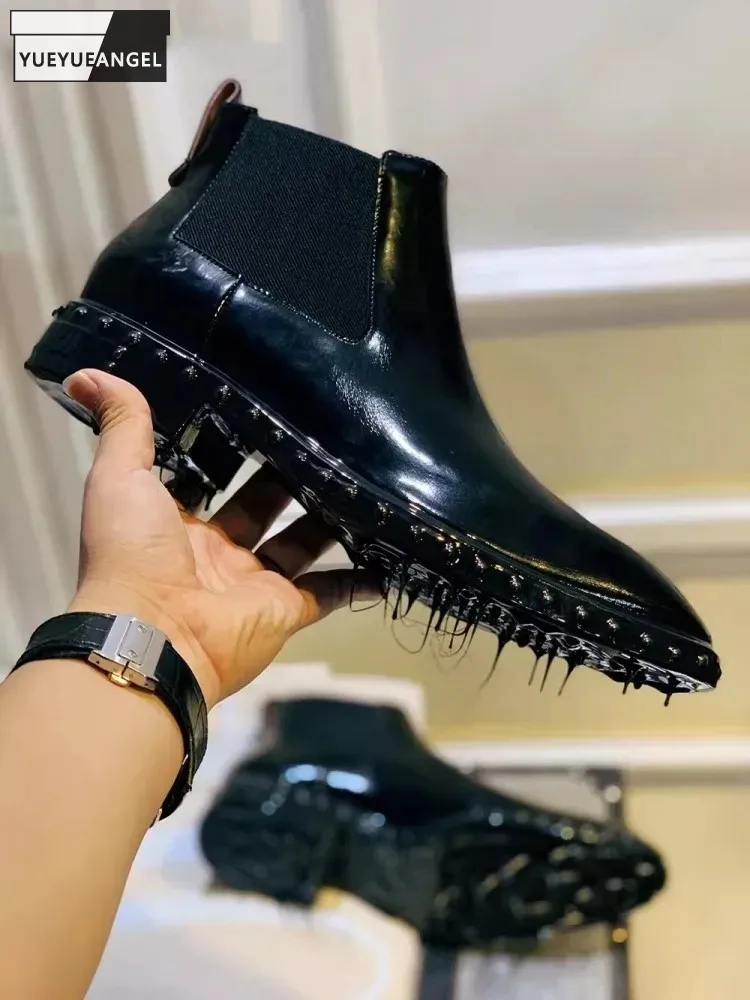Mens Business Casual Fashion High Top Dress Shoes Punk Rivet Designer Slip-On Pointed Toe Genuine Leather Chelsea Boots Male