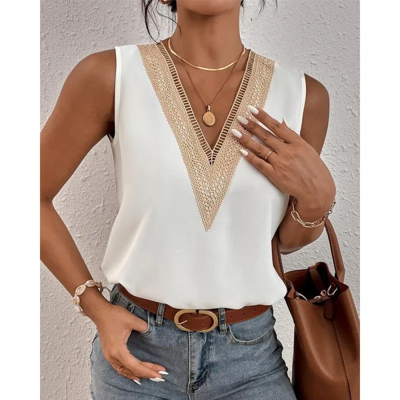 2024 New Fashionable V-neck Sleeveless Summer Solid Color Vest Women's Lace Straight Tube Pullover Sweet Beauty Style Top