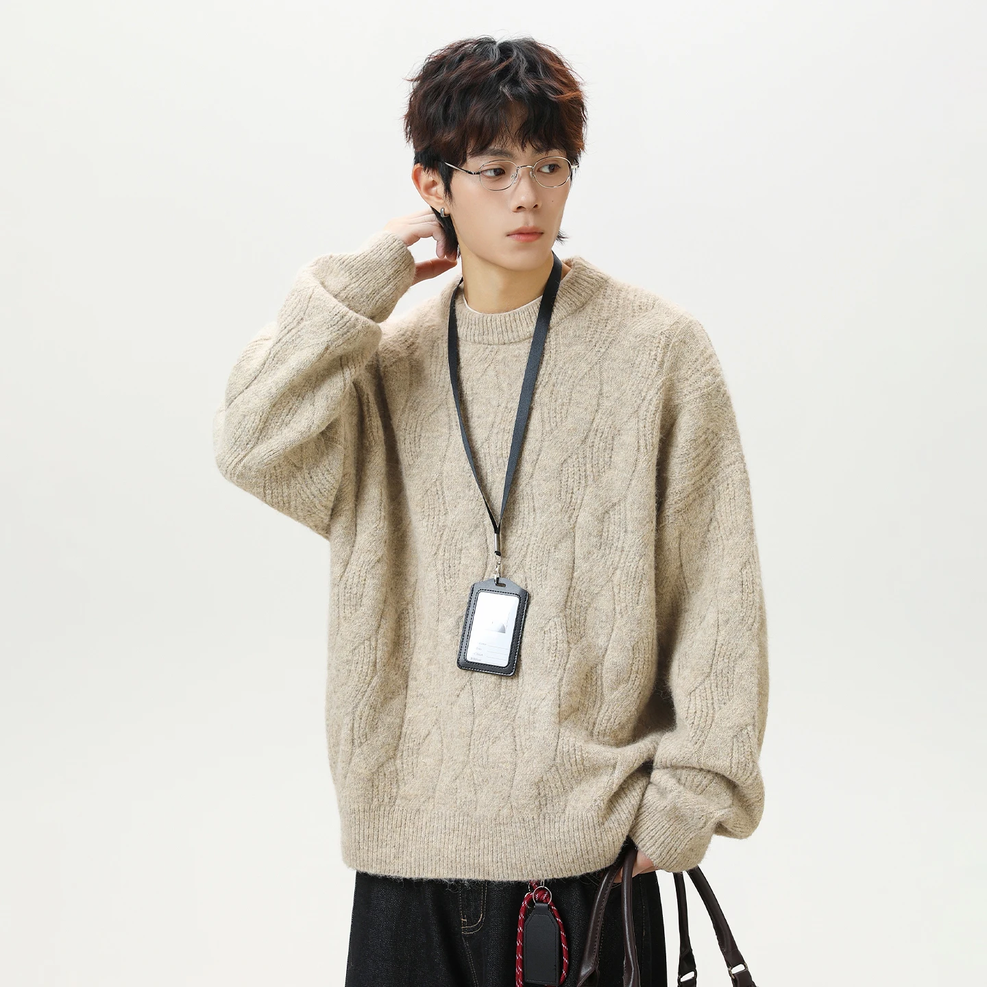 

Fashionable brand series retro half turtleneck sweater for men in autumn and winter new texture thickened loose knitted sweater