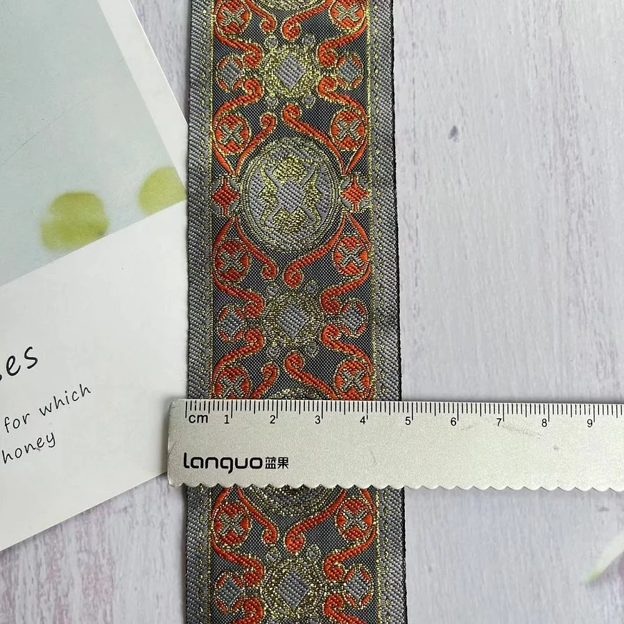 Woven Jacquard Ribbon, Gray Background, Gold Totem Pattern, High Quality, 5cm, LS-3717, 9Yards/lots