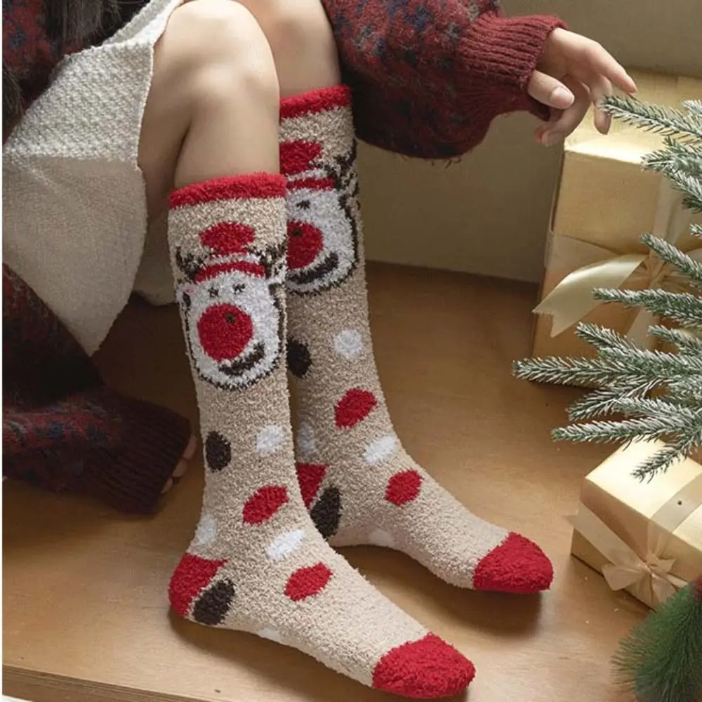 Cute Calf Socks Christmas Stocking Long Tube Coral Fleece Home Sleep Socks Santa Claus Elk Women Hosiery Home Wear