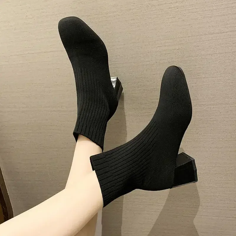 Booties Elastic Footwear White Heeled Very High Heels Short Shoes For Women Sock Female Ankle Boots With Young On Sale New In Pu