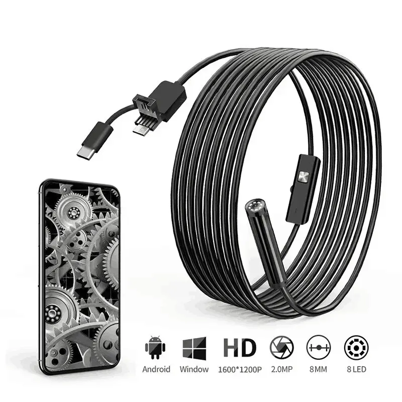 8mm 1200P HD Endoscope Camera IP67 Waterproof Borescope Scope Camera With 8 LED for Cars Support Android USB Type C