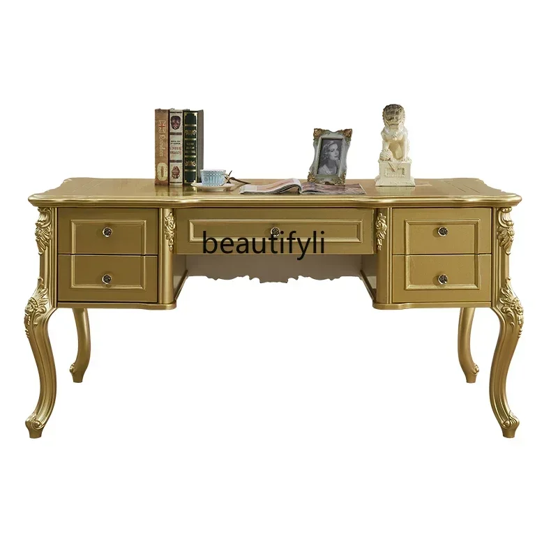

European desk book chair combination study computer office writing table champagne gold