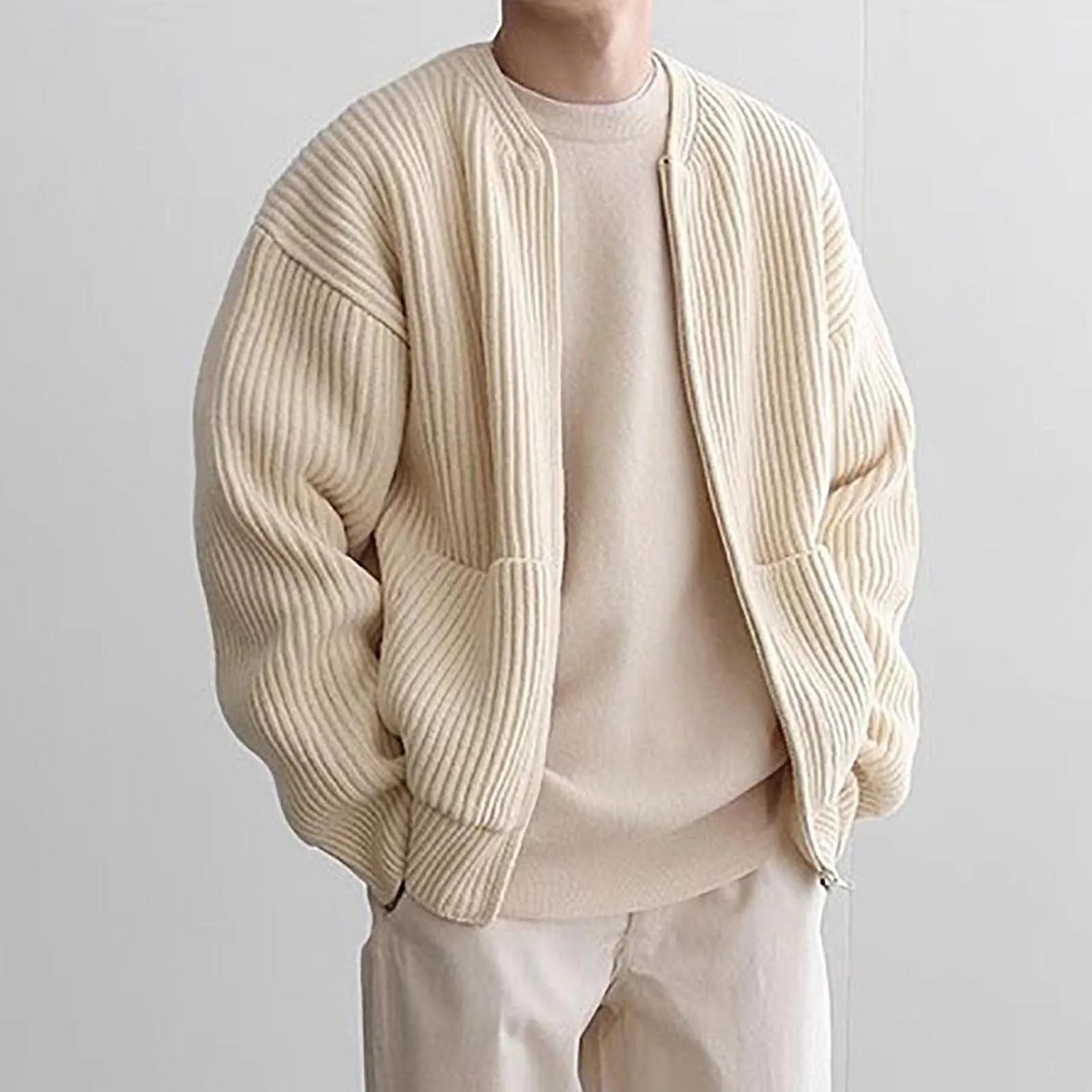 Pull en tricot à col rond pour hommes avec poches, manteau solide, fermeture éclair, long, rétro, randonnée, coupe-vent, mode masculine, automne