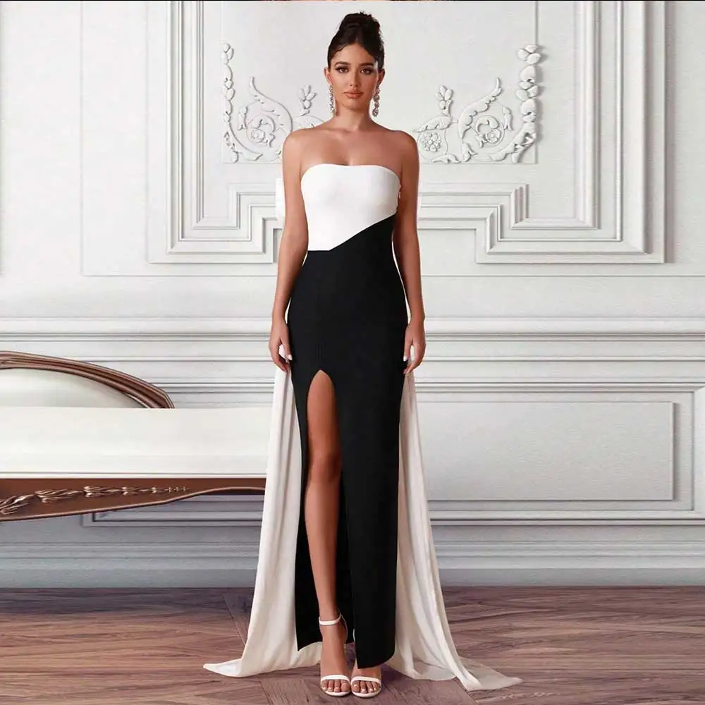 

Jersey Sheath Evening Dress Strapless Patchwork High Slit Bow Decoration Ankle-Length Women’s Sexy Prom Gown فساتين مناسبة رسمية