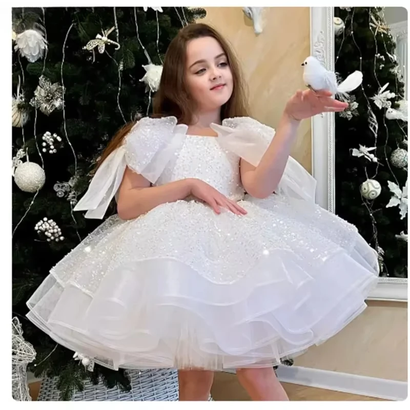 Lace Flower GirlOutfits Luxury Sequined Fluffy Grand Event Kids Clothes Dresses Matching Baby Birthday Party Princess