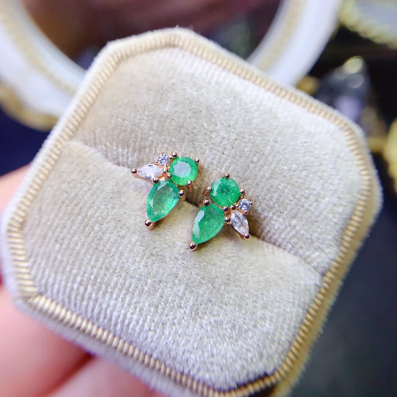 100% Natural Emerald Stud Earrings Luxury Style 3*3 Mm 925 Silver Colombian Emerlad 3x3mm and 4x6mm