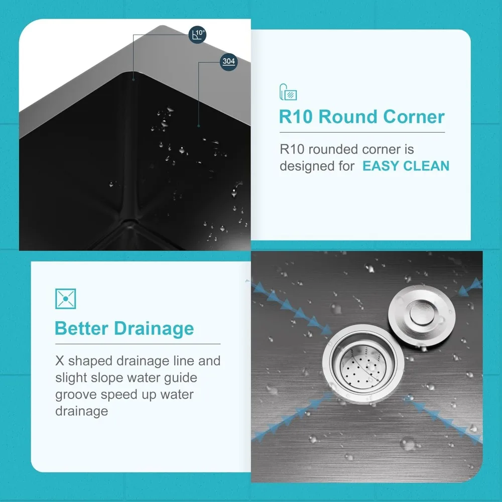 Lavello da cucina a vasca singola in acciaio inossidabile 22x18 con kit di scarico e griglia inferiore, nero, design con montaggio dall'alto per uso su bar