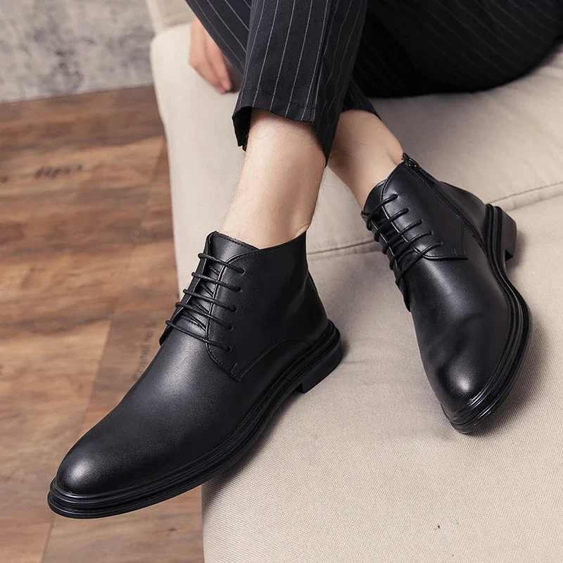 Men Round-toe Low-heel Leather Ankle Boots With Lace-up Design And Side Zipper For Business