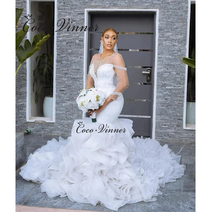 تخصيص طويل كشكش قطار فستان الزفاف حورية البحر 2025 جديد 3 أرباع الأكمام اللؤلؤ الديكور حورية البحر فساتين الزفاف النساء W1486